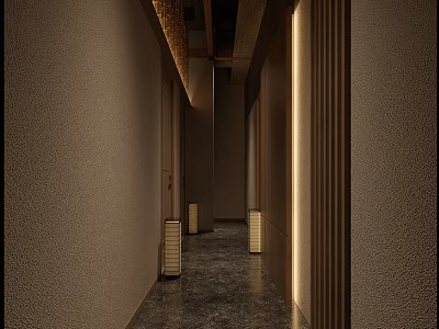 Modern Elevator Hallway Interior With Beige Walls Dark Stone Floor Recessed Lighting And Wooden Ceiling 3d model