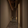 Modern Elevator Hallway Interior With Beige Walls Dark Stone Floor Recessed Lighting And Wooden Ceiling