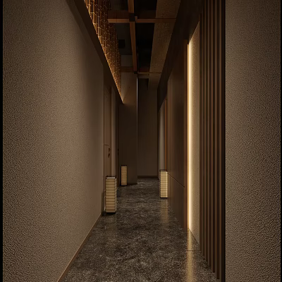 Modern Elevator Hallway Interior With Beige Walls Dark Stone Floor Recessed Lighting And Wooden Ceiling 3d model