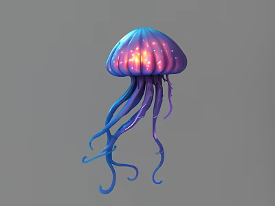 Vibrant Blue Purple Glowing Jellyfish With Long Curly Tentacles In Deep Sea 3d model