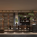 Modern Traditional Tea House Interior With Long Wooden Table Stools And Hanging Lights