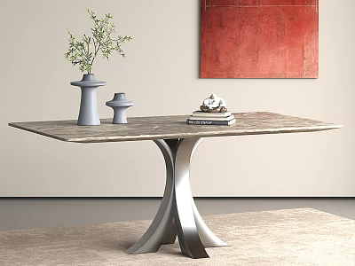 Modern Dining Table with Marble Top Metal Base Green Plant Books and Red Wall Art 3d model