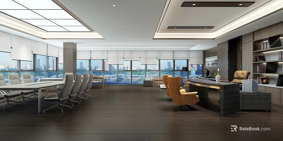 Modern Office Interior With Large Windows City View And Comfortable Office Furniture 3d model 