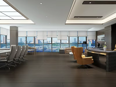 Modern Office Interior With Large Windows City View And Comfortable Office Furniture 3d model