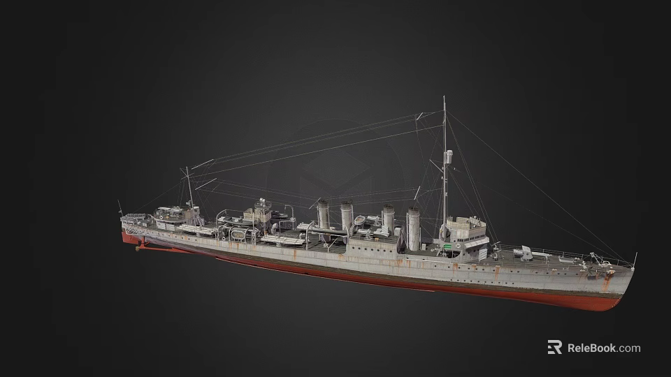 Vintage Warship Design With Red Hull Masts Smoke Stacks And Deck Structures 3d model 