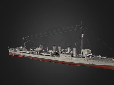 Vintage Warship Design With Red Hull Masts Smoke Stacks And Deck Structures 3d model
