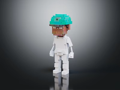 Pixel Art Style Doll With Green Helmet And White Outfit On Dark Background 3d model