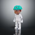 Pixel Art Style Doll With Green Helmet And White Outfit On Dark Background