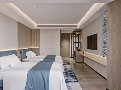Modern Hotel Guest Room With Twin Beds Flat Screen TV Decorative Carpet And Wooden Accents 3d model