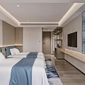 Modern Hotel Guest Room With Twin Beds Flat Screen TV Decorative Carpet And Wooden Accents
