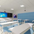 School Modern Classroom Featuring Smart Blackboard Display Screen Blue Walls And Neat Desks Chairs