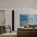 Modern Living Dining Room Interior With Sofa Coffee Table Large Window Abstract Painting And Shelving Unit