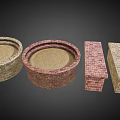 Decorative Brick Garden Ornaments With Round Planters And Rectangular Flower Beds 3d model