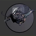 3D Female Character Model In Traditional Outfit With Dragon Pattern Hair Accessory Holding Weapon On Circular Base