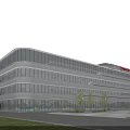 Modern Hospital Building With Glass Curtain Walls Streamlined Exterior Surrounding Lawn Trees And Entrance Area