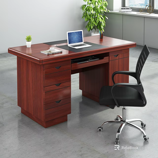Modern Office Workspace Setup With Wooden Desk Laptop Potted Plant And Black Chair 3d model 