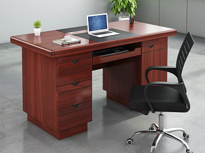 Modern Office Workspace Setup With Wooden Desk Laptop Potted Plant And Black Chair 3d model