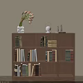 Modern Walnut Bookcase with Books Vase and Decorative Items in Living Space