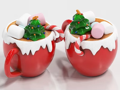 Red Ceramic Mugs with White Frosting Marshmallows Small Christmas Trees and Candy Canes 3d model