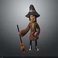 Cartoon Witch In Blue Hat Brown Robe Holding Broomstick Red Book And Scarf