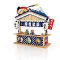 Japanese Ramen Stall with Tonkotsu Ramen Signboards Lanterns Wooden Structure and NISSIN Branding