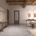 Traditional Hotel Guest Room With Wooden Beams Hanging Paintings Tea Table Sofa And Natural Light