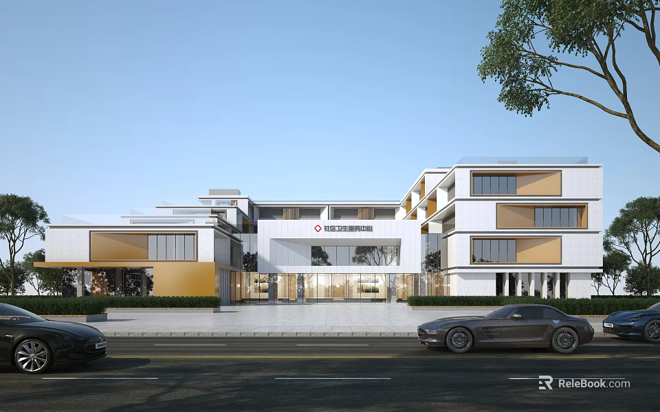 Modern Administrative Service Hall Building with Glass Facade Entrance and Parked Cars 3d model 