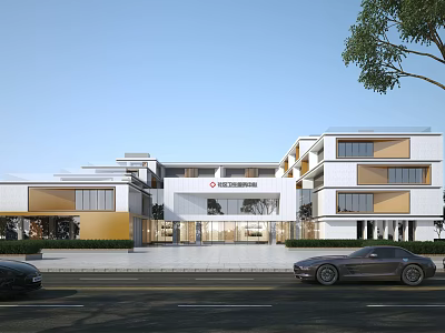 Modern Administrative Service Hall Building with Glass Facade Entrance and Parked Cars 3d model
