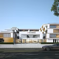 Modern Administrative Service Hall Building with Glass Facade Entrance and Parked Cars