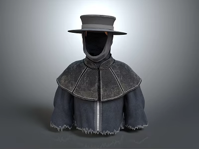 Wide Brimmed Gray Hat And Fringed Cloak With Stitched Fabric Design 3d model