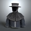 Wide Brimmed Gray Hat And Fringed Cloak With Stitched Fabric Design