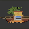 Tropical Beach Hut Buildings With Palm Trees Wooden Boat And Round Pavilion