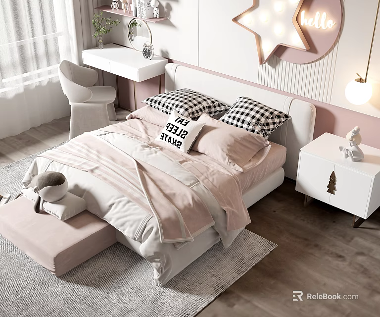 Kids Bed With Pink Bedding Black White Check Pillows Star Light Desk Chair And Nightstand 3d model 