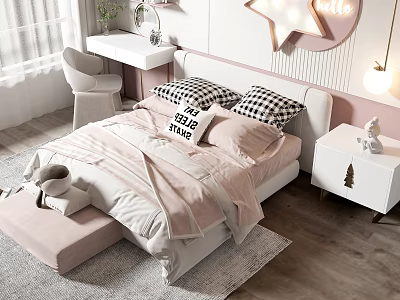 Kids Bed With Pink Bedding Black White Check Pillows Star Light Desk Chair And Nightstand 3d model