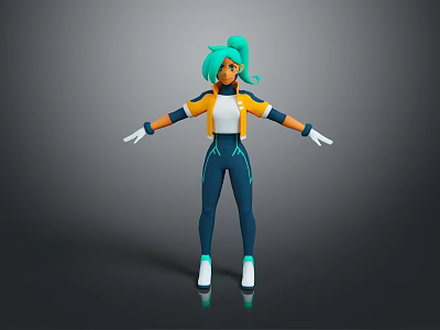 3D Character With Green Hair Ponytail Arms Outstretched Orange White Top Blue Pants White Gloves 3d model