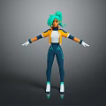 3D Character With Green Hair Ponytail Arms Outstretched Orange White Top Blue Pants White Gloves