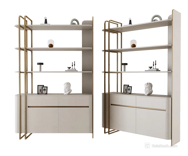 Modern Beige Storage Shelving Unit With Gold Frame Decorative Sculptures Photo Frames And Vases 3d model 