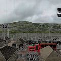 Desolate Desert Military Base With Tents Watchtower Mountains And Searchlights