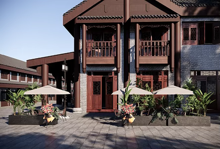 Chinese Commercial Street Wooden Facade 3d model