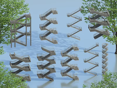 Various Modern Staircase Designs With Metal Railings And Green Trees 3d model