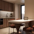 Warm Kitchen and Dining Area Interior With Wooden Cabinets Island Counter and Brown Chairs
