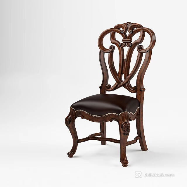 Classic Style Wooden Dining Chair With Intricate Carved Backrest And Leather Seat 3d model 