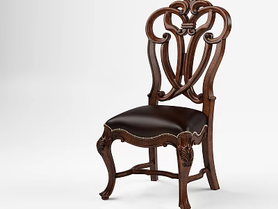 Classic Style Wooden Dining Chair With Intricate Carved Backrest And Leather Seat 3d model