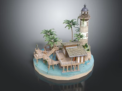 Picturesque Wooden House By Water With Lighthouse Palm Trees And Wooden Walkway 3d model