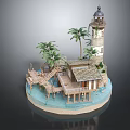Picturesque Wooden House By Water With Lighthouse Palm Trees And Wooden Walkway