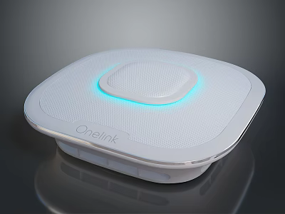 Square Shaped White OneLink Smart Home Hub Featuring Mesh Surface And Blue Ring Light 3d model