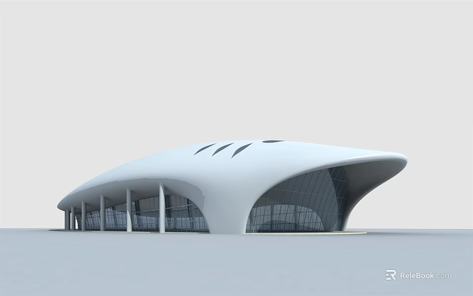 Sleek Contemporary Building With Streamlined White Roof Large Glass Windows And Pillar Supports 3d model 