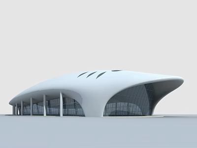 Sleek Contemporary Building With Streamlined White Roof Large Glass Windows And Pillar Supports 3d model