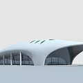 Sleek Contemporary Building With Streamlined White Roof Large Glass Windows And Pillar Supports