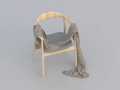 Wooden Frame Accent Chair With Curved Backrest Gray Cushion And Striped Throw Blanket 3d model